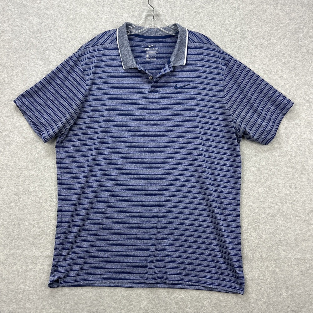 Nike Golf Polo Shirt Mens XL Blue Striped Dri-Fit Vapor Control Active Swoosh